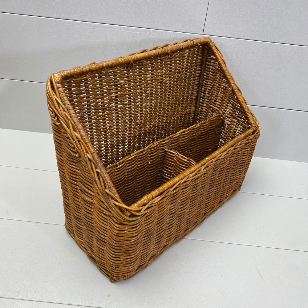 Vintage Wicker Divided Storage Basket Brown Boho Home Office Organizer Mail